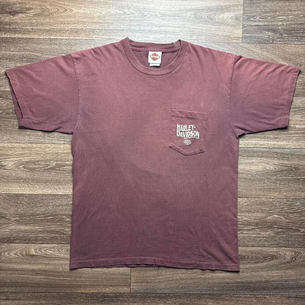 Vintage Y2K Single Stitch Harley Davidson Sun Faded Burgundy Pocket Tee